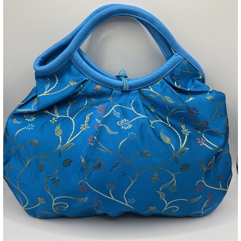 VNTG Asian Tapestry Handbag Turquoise Blue Floral Gold Embroidered Frog Knot-NEW